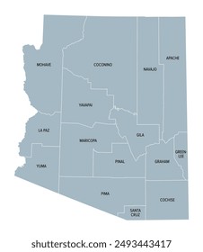 Arizona Countys, graue politische Karte. Der Binnenstaat Grand Canyon State, im Südwesten der Vereinigten Staaten, unterteilt in 15 Countys. Karte mit Grenzen und Landkreisnamen.