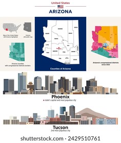 Arizona counties map and congressional districts since 2023 map. Skylines of Phoenix (state's capital and most populous city) and Tucson (2nd most populous city). Vector set