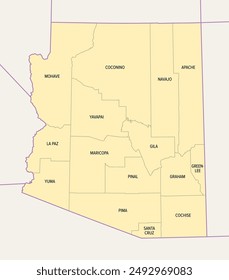 Arizona counties, political map. Landlocked state, also known as Grand Canyon State, in the Southwestern region of the United States, subdivided into 15 counties. Map with boundaries and county names.