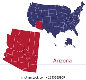 Arizona counties vector map with USA map colors national flag