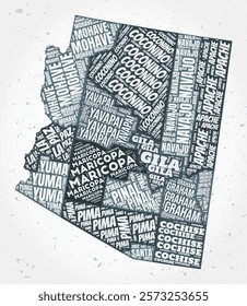 Arizona counties word clouds. State shape on textured background. Arizona design in typographic style. Artistic vector illustration.