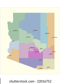 Arizona county map, with county seats. 21 layers, fully editable.