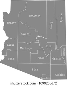 Arizona county map vector outline in gray background. Arizona state of USA map with counties names labeled