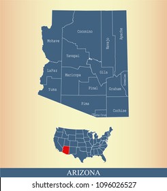 Arizona County Map Vector Outline Gray Background. Map Of Arizona State Of USA With Borders And Counties Names Labeled