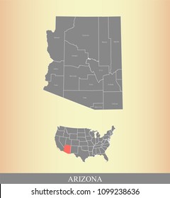 Arizona county map vector outline gray background. Map of Arizona state of USA with borders and counties names labeled