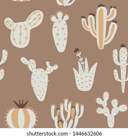 Arizona cute cactuses seamless pattern. Exotic mexican texture. Fun desert background. Brown colour floral background. Trendy childish texture. Vector illustration on colored background.