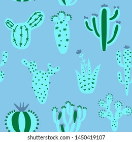 Arizona cute cactuses seamless pattern. Exotic mexican texture. Fun desert background. Blue colour floral background. Trendy childish texture. Vector illustration on colored background.