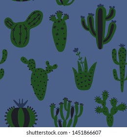 Arizona cute cactuses seamless pattern. Exotic mexican texture. Fun desert background. Blue and green colors floral background. Trendy childish texture. Vector illustration on colored background.