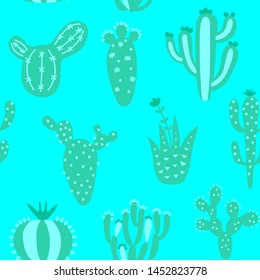 Arizona cute cactuses seamless pattern. Exotic mexican texture. Fun desert background. Cyan colour floral background. Trendy childish texture. Vector illustration on colored background.