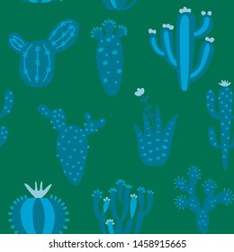 Arizona cute cactuses seamless pattern. Exotic mexican texture. Fun desert background. Blue and green colors floral background. Trendy childish texture. Vector illustration on colored background.
