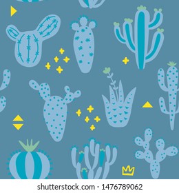 Arizona cute cactuses seamless pattern. Exotic texture. Fun desert background and memphis. Blue colour background. Floral childish texture. Vector illustration on colored background. 
