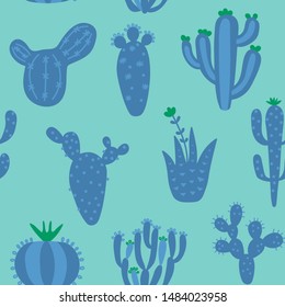 Arizona cute cactuses seamless pattern. Exotic mexican texture. Fun desert background. Blue colour floral background. Trendy childish texture. Vector illustration on colored background.