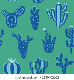 Arizona cute cactuses seamless pattern. Exotic mexican texture. Fun desert background. Blue and green colors floral background. Trendy childish texture. Vector illustration on colored background.