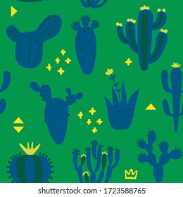 Arizona cute cactuses seamless pattern. Exotic texture. Fun desert background and memphis. Blue and green color background. Floral childish texture. Vector illustration on colored background. 