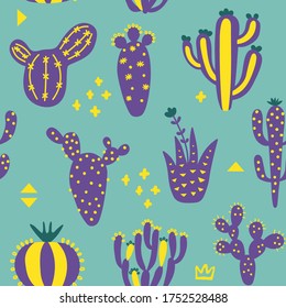 Los lindos cactáceos de Arizona usan un patrón impecable. Textura exótica. El fondo del desierto divertido y los memphis. Fondo de color azul y violeta. Textura infantil floral. Ilustración vectorial sobre fondo coloreado. 
