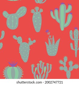 Arizona cute cactuses seamless pattern. Exotic mexican texture. Fun desert background. Colour orange floral background. Trendy childish texture. Vector illustration on colored background.