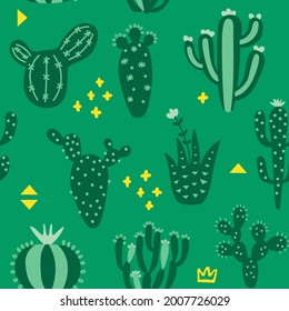 Arizona cute cactuses seamless pattern. Exotic texture. Fun desert background and memphis. Green colour background. Floral childish texture. Vector illustration on colored background. 