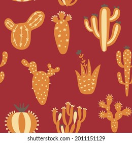 Los lindos cactáceos de Arizona usan un patrón impecable. Textura exótica mexicana. Un fondo desierto divertido. Fondo floral de color naranja. Textura infantil de moda. Ilustración vectorial sobre fondo coloreado.