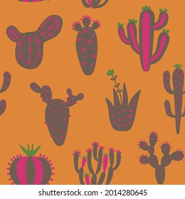 Arizona cute cactuses seamless pattern. Exotic mexican texture. Fun desert background. Colour orange floral background. Trendy childish texture. Vector illustration on colored background.