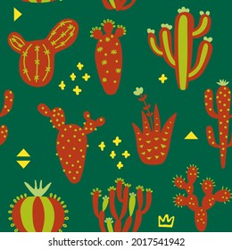 Arizona cute cactuses seamless pattern. Exotic texture. Fun desert background and memphis. Orange color background. Floral childish texture. Vector illustration on colored background. 