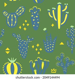 Arizona cute cactuses seamless pattern. Exotic texture. Fun desert background and memphis. Green colour background. Floral childish texture. Vector illustration on colored background. 