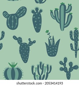 Arizona cute cactuses seamless pattern. Exotic mexican texture. Fun desert background. Pastel colours floral background. Trendy childish texture. Vector illustration on colored background.