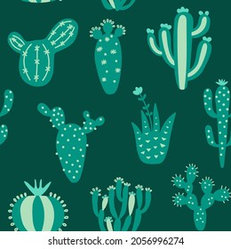 Los lindos cactáceos de Arizona usan un patrón impecable. Textura exótica mexicana. Un fondo desierto divertido. Fondo floral de color verde. Textura infantil de moda. Ilustración vectorial sobre fondo coloreado.