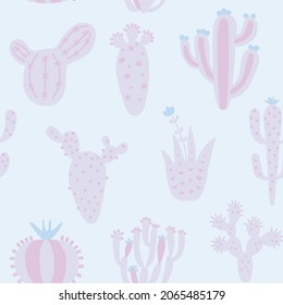 Arizona cute cactuses seamless pattern. Exotic mexican texture. Fun desert background. Pastel colours floral background. Trendy childish texture. Vector illustration on colored background.