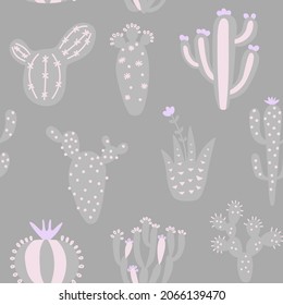 Arizona cute cactuses seamless pattern. Exotic mexican texture. Fun desert background. Pastel colours floral background. Trendy childish texture. Vector illustration on colored background.