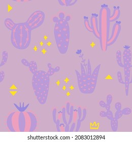 Arizona cute cactuses seamless pattern. Exotic texture. Fun desert background and memphis. Pink colour background. Floral childish texture. Vector illustration on colored background. 