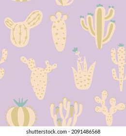 Arizona cute cactuses seamless pattern. Exotic mexican texture. Fun desert background. Pink colour floral background. Trendy childish texture. Vector illustration on colored background.