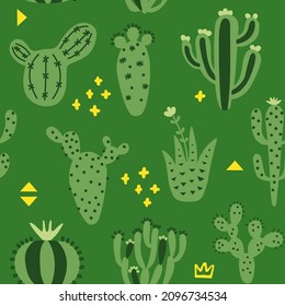 Arizona cute cactuses seamless pattern. Exotic texture. Fun desert background and memphis. Green colour background. Floral childish texture. Vector illustration on colored background. 