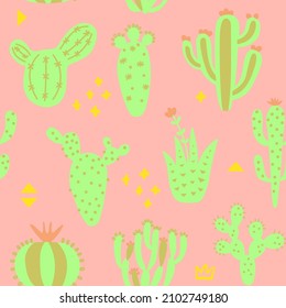 Arizona cute cactuses seamless pattern. Exotic texture. Fun desert background and memphis. Pink colour background. Floral childish texture. Vector illustration on colored background. 
