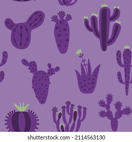 Los lindos cactáceos de Arizona usan un patrón impecable. Textura exótica mexicana. Un fondo desierto divertido. Fondo floral de color púrpura. Textura infantil de moda. Ilustración vectorial sobre fondo coloreado.