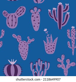 Arizona cute cactuses seamless pattern. Exotic mexican texture. Fun desert background. Purple color floral background. Trendy childish texture. Vector illustration on colored background.