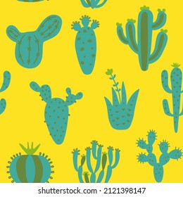 Arizona cute Kakteen verwendet nahtlose Muster. Exotische mexikanische Textur. Spaß auf Wüstenhintergrund. gelber floraler Hintergrund. Trendy kindliche Textur. Vektorgrafik auf buntem Hintergrund.