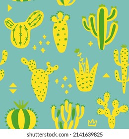 Arizona cute cactuses seamless pattern. Exotic texture. Fun desert background and memphis. Yellow colour background. Floral childish texture. Vector illustration on colored background. 