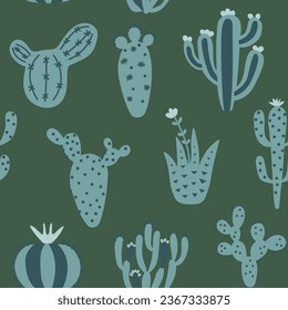 Los lindos cactáceos de Arizona usan un patrón impecable. Textura exótica mexicana. Un fondo desierto divertido. Fondo floral de color verde. Textura infantil de moda. Ilustración vectorial sobre fondo coloreado.