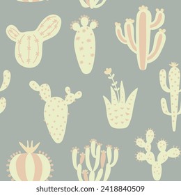 Arizona cute cactuses seamless pattern. Exotic mexican texture. Fun desert background. Pastel colours floral background. Trendy childish texture. Vector illustration on colored background.