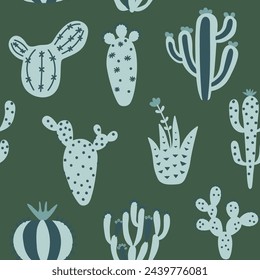 Arizona cute cactuses seamless pattern. Exotic mexican texture. Fun desert background. Green colour floral background. Trendy childish texture. Vector illustration on colored background.