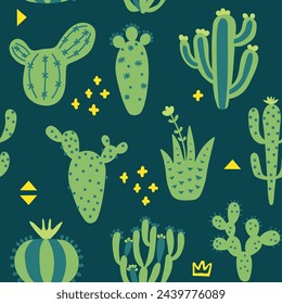 Arizona cute cactuses seamless pattern. Exotic texture. Fun desert background and memphis. Green colour background. Floral childish texture. Vector illustration on colored background. 