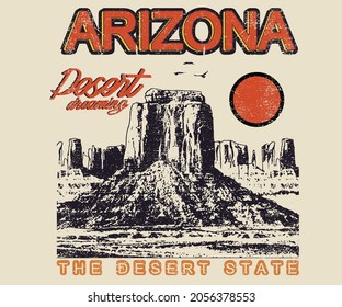 Arizona desert adventure graphic print design for apparel, t shirt, sticker, poster, wallpaper and others. Desert state  illustration artwork for t shirt.