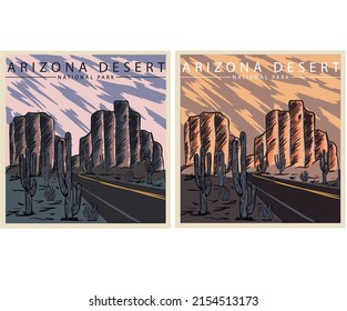 Arizona desert adventure vector print design. Desert road adventure artwork for posters, stickers, background and others. 