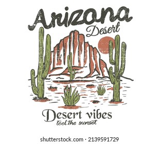 Arizona desert adventure vintage graphic print design for t shirt. Cactus wild with mountain artwork design.