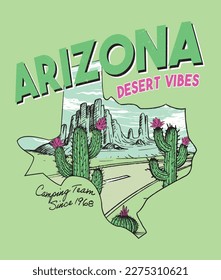 Desierto de Arizona, ilustración de cactus e impresión de slogan para camisetas, sudaderas y otros usos. 