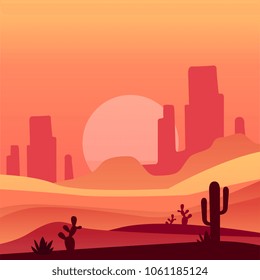 Arizona desert with cactus plants and rocky mountains. Natural landscape. Vector design in gradient colors for poster, web-site or mobile app background