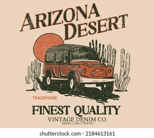 Arizona Desert Car Trip Vector T-shirt Design. Desert Adventure Graphic Print Artwork For Apparel, Sticker, Poster, Wallpaper And Others.