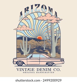 Diseño de camiseta de Vector de viaje en coche del desierto de Arizona. Obra de arte de Vector vintage de aventura del desierto. Diseño gráfico de la impresión de las vibraciones del desierto para la camiseta, ropa, pegatinas, carteles, retro del viaje de carretera del fondo