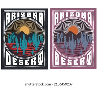 Arizona desert and colorful cactus  graphic print design for t shirt, poster, sticker and others. Desert vibes vector artwork.