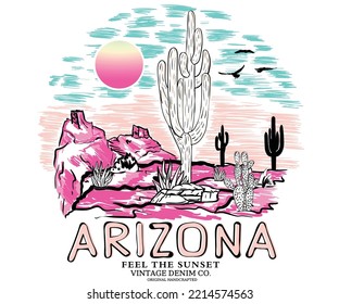 Arizona desert colorful graphic print design for t shirt. Desert vibes artwork design.